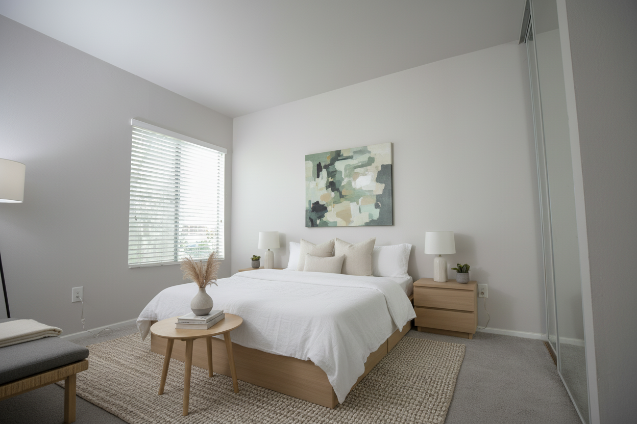 Virtually staged bedroom with soft bedding and natural light