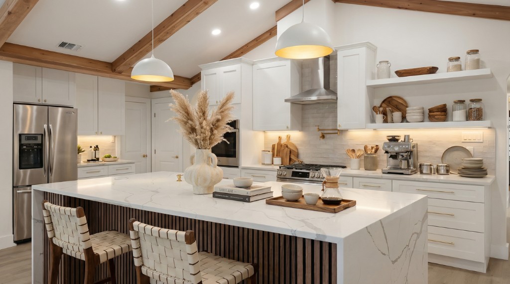 Virtually staged luxury kitchen with marble island and modern appliances