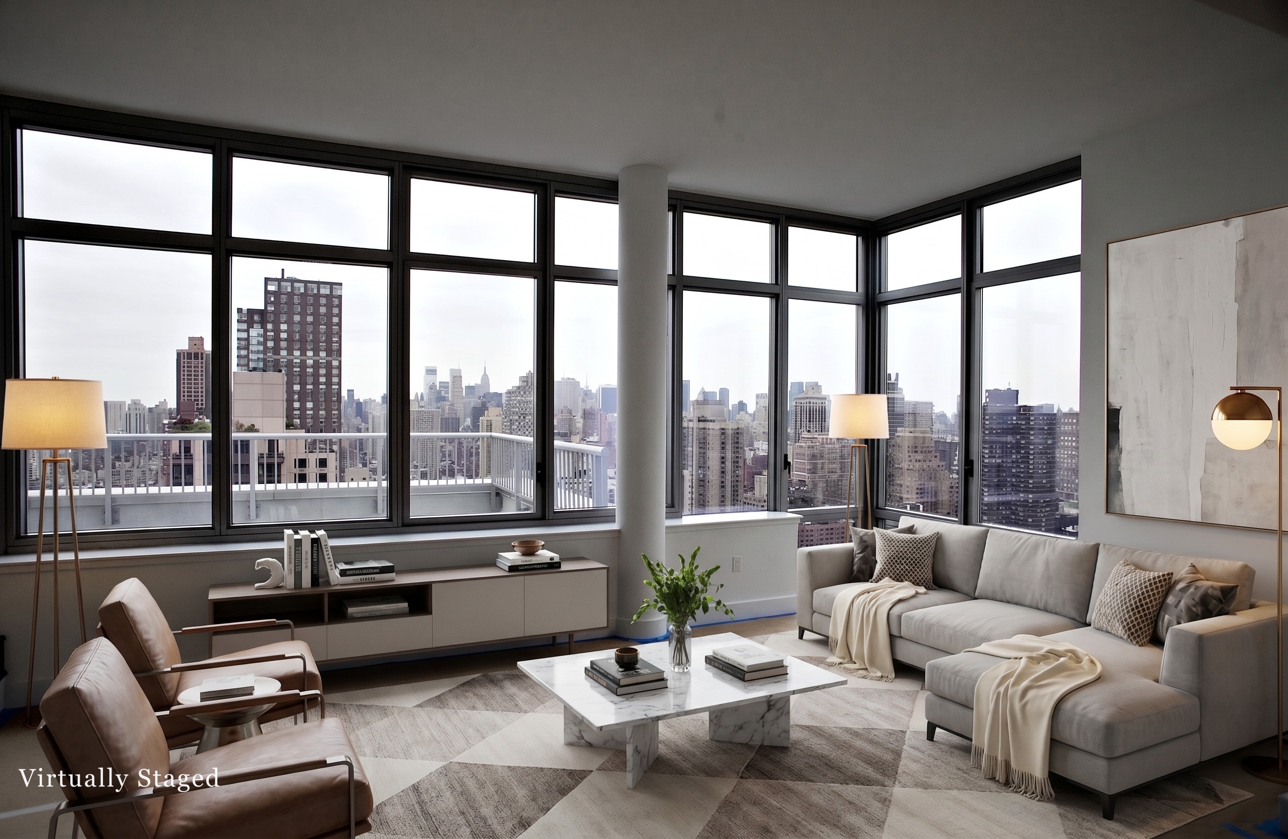 Virtually staged highrise living room with city views