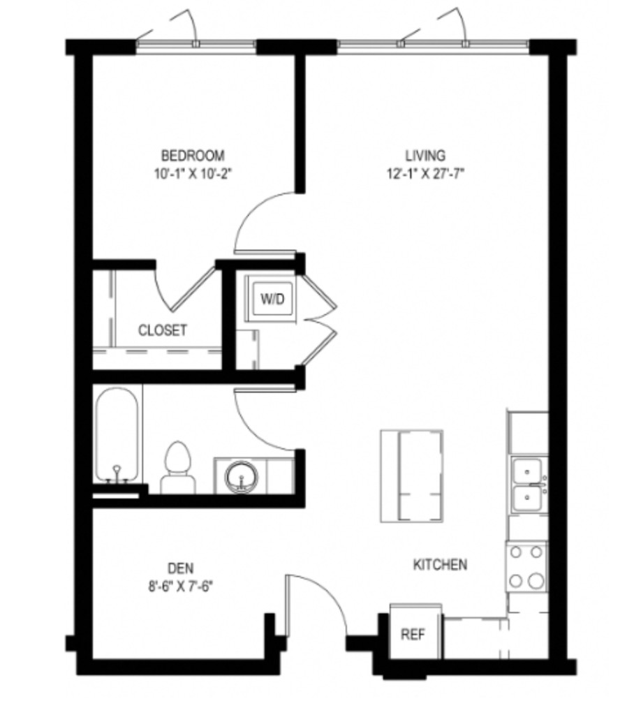Black-and-white apartment floor plan with room dimensions